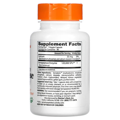 Image of High Potency Serrapeptase (120,000 SPU) 90caps supplement facts